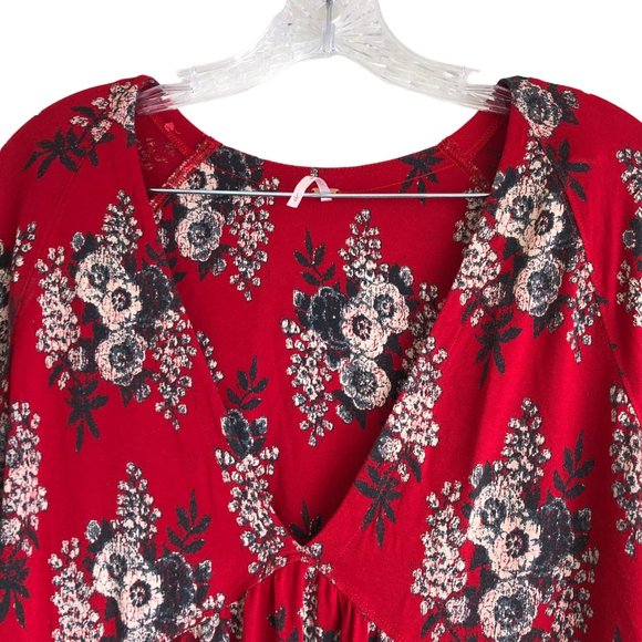 Free People Women's Blouse Size L Floral Red Bohemian Bell Sleeve Stretch - Picture 5 of 9